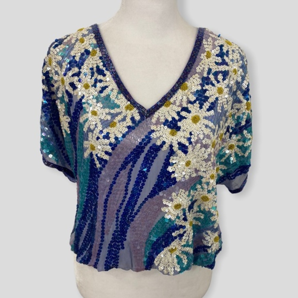 Vintage Neil Bieff Floral One of a Kind Full Sequin Beaded Silk Blouse